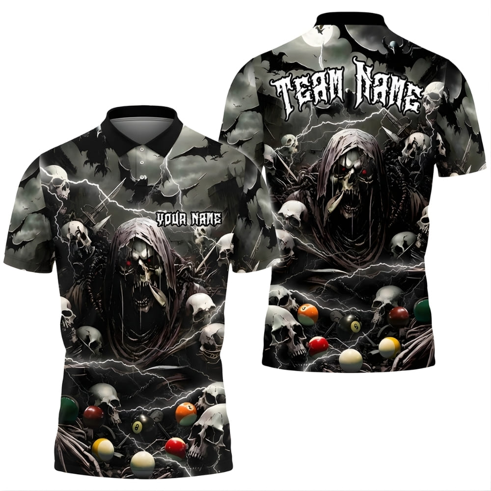 Team Death Billiards Polo Shirt – Grim Reaper Skull Design, Custom Name & Team Name