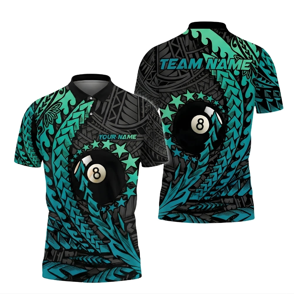 tribal-8-ball-billiards-polo-shirt-black-cyan-front-back