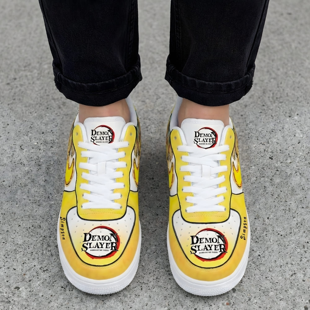 zenitsu-demon-slayer-custom-sneakers-yellow-on-feet-top-view