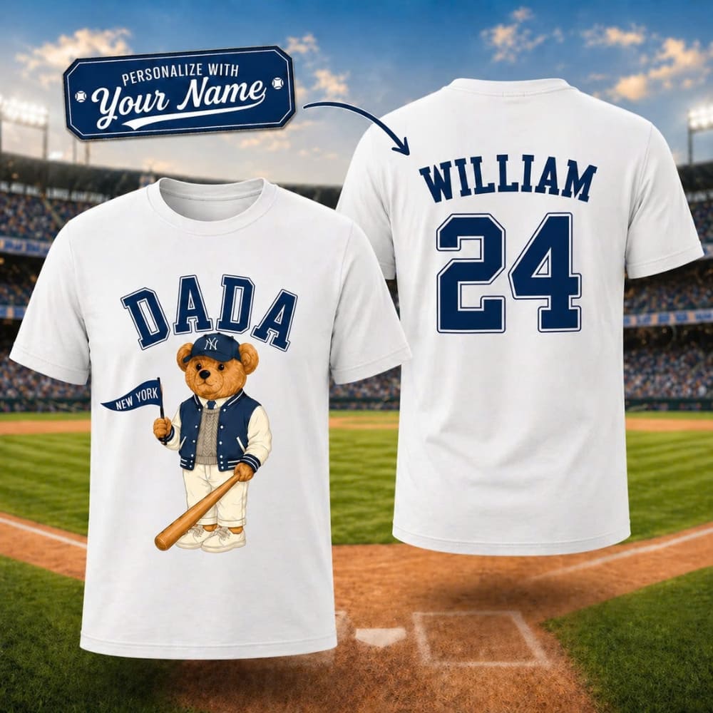 Personalized Yankees Dad Bear T-Shirt – Custom Name & Number | Gift For Dad