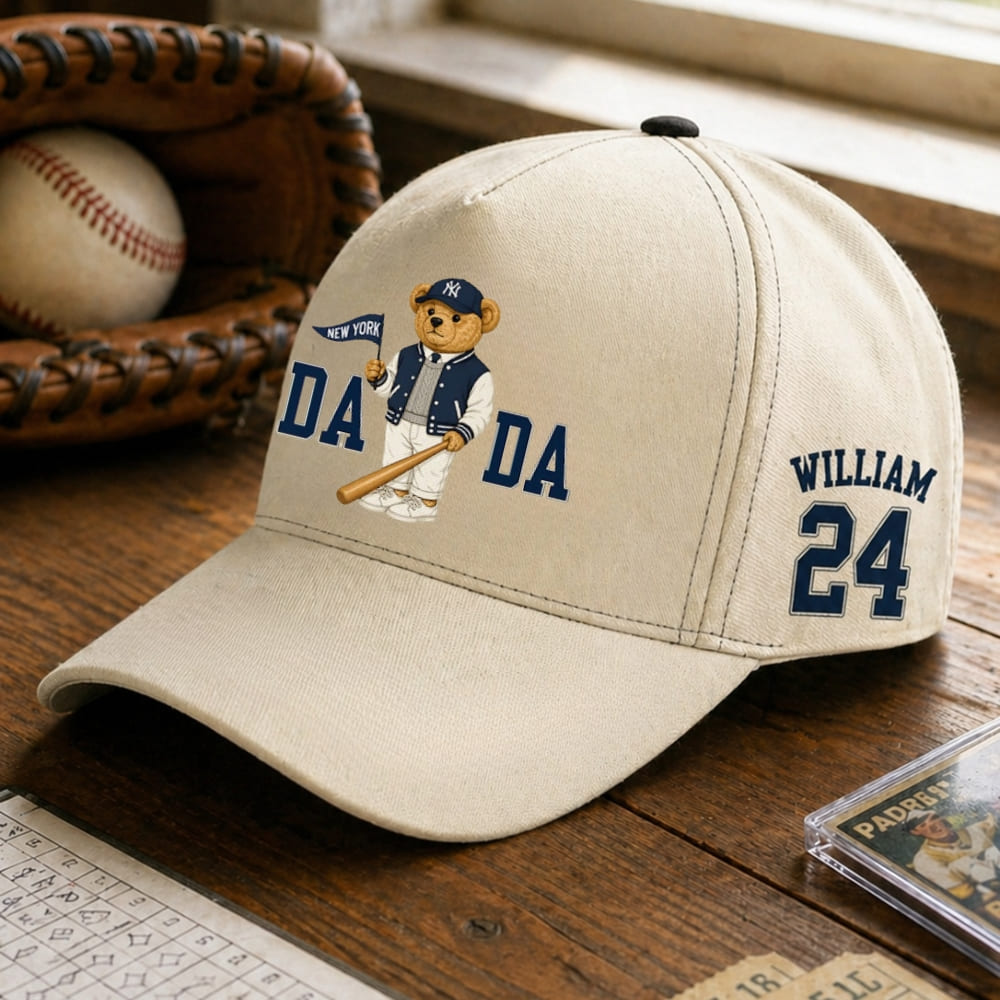 Personalized Yankees Dad Bear Baseball Cap – Custom Name & Number