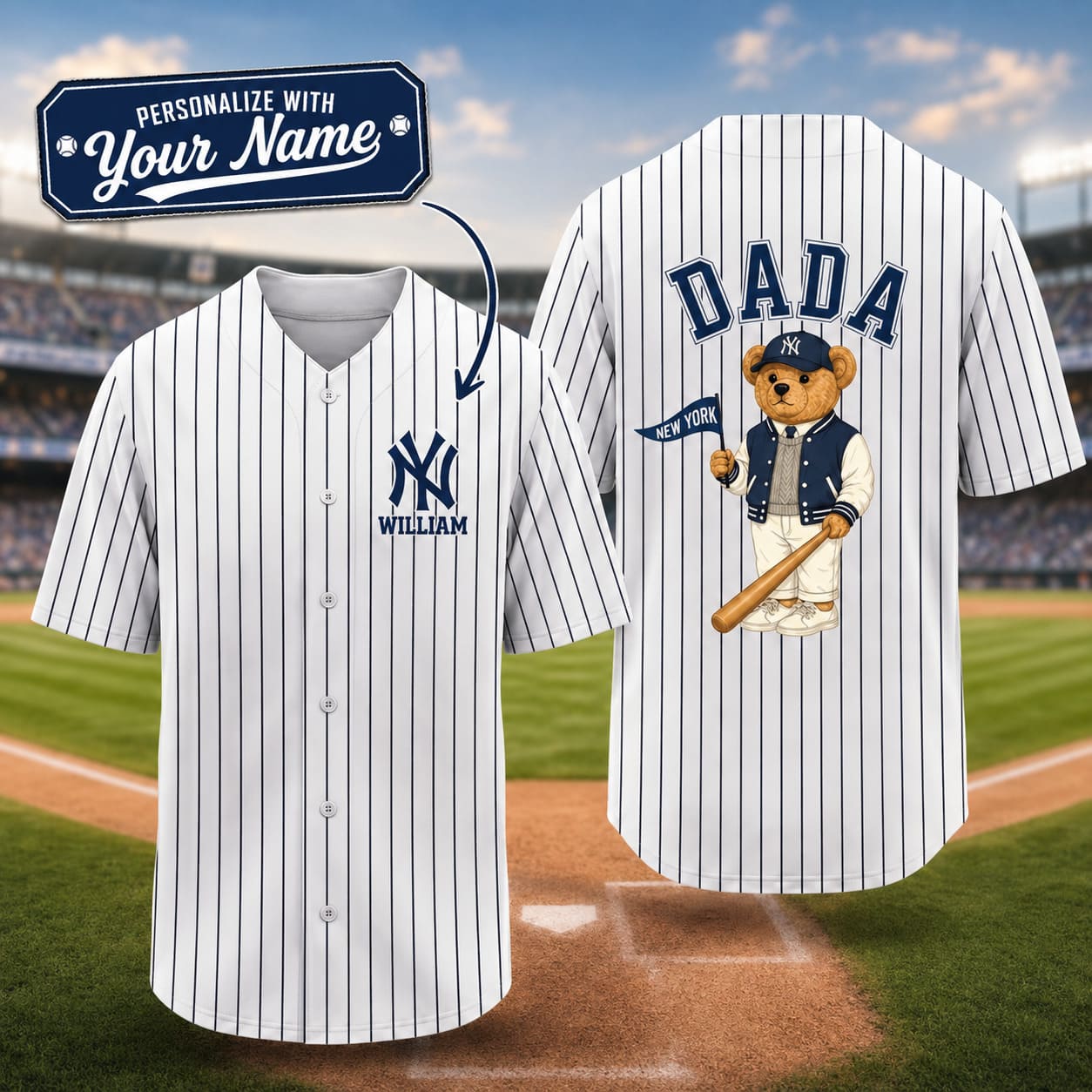 Baseball Youth Jersey - Personalized Yankees Dad Bear – Custom Name & Number | Father & Son