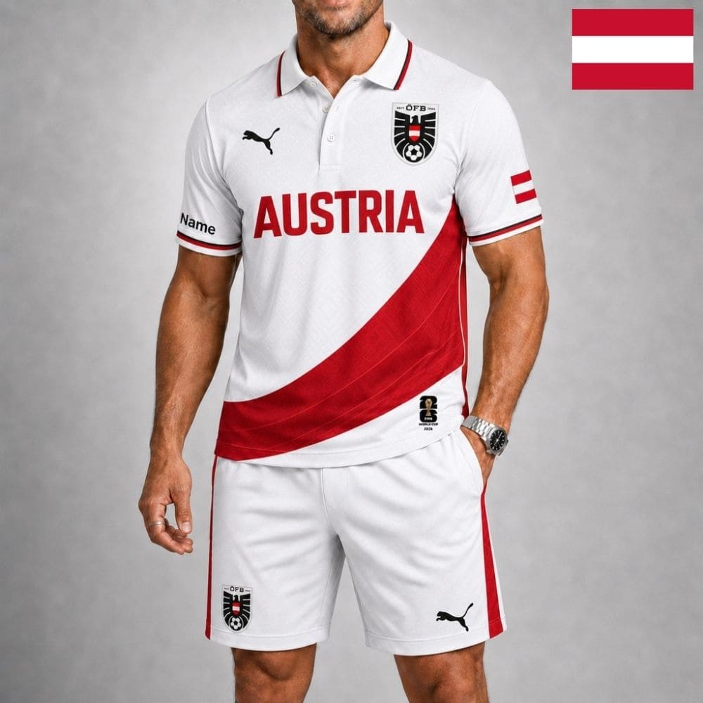 Personalized Austria Soccer Polo Shirt & Shorts Set – Custom Name & Number | WC 2026