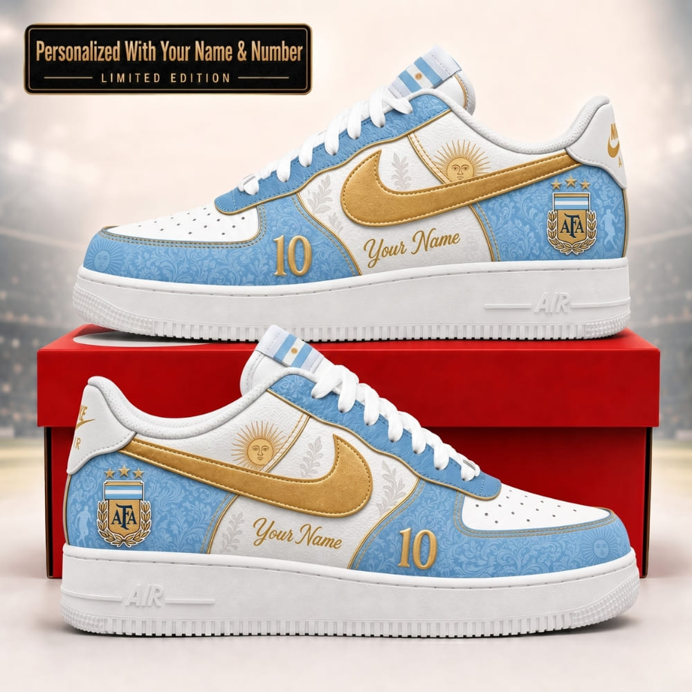 Personalized Argentina No.10 Gold Crest Sneakers – Custom Name | World Cup 2026