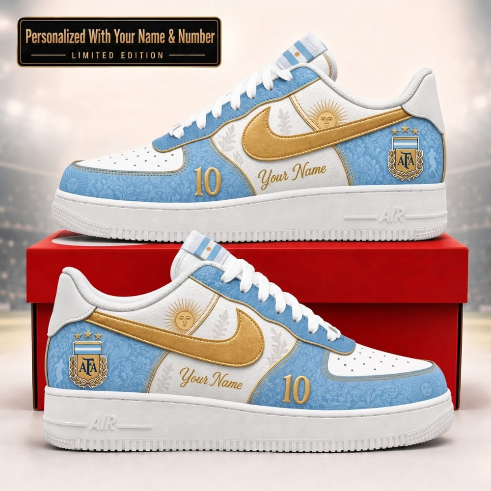 Personalized Argentina No.10 Gold Crest Sneakers – Custom Name | World Cup 2026