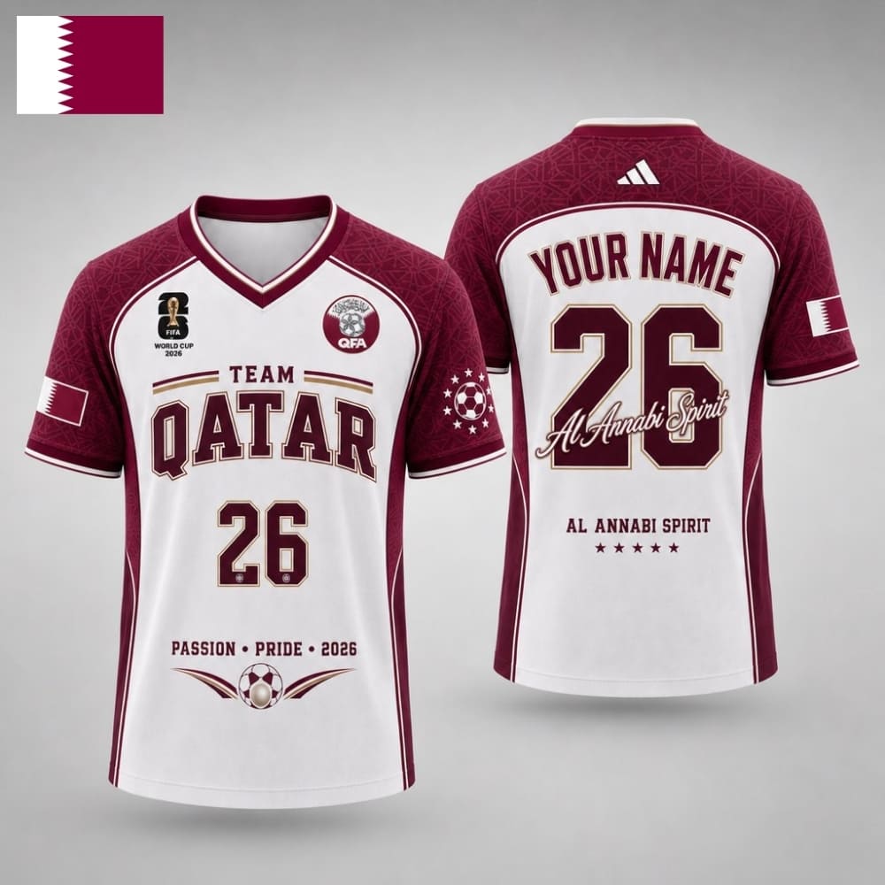 Personalized Qatar Fan V-Neck Soccer Unisex Shirt – Custom Name & Number