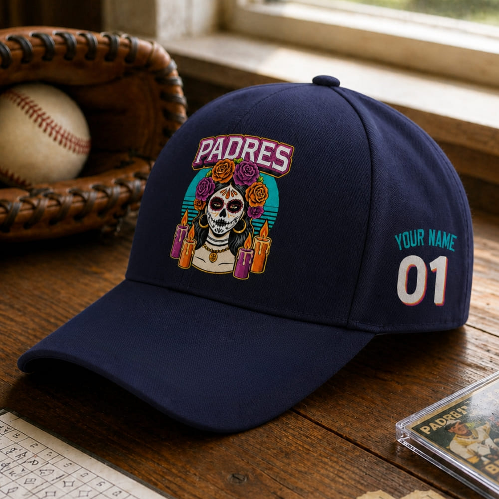 Personalized San Diego Padres Sugar Skull Baseball Cap – Custom Name & Number