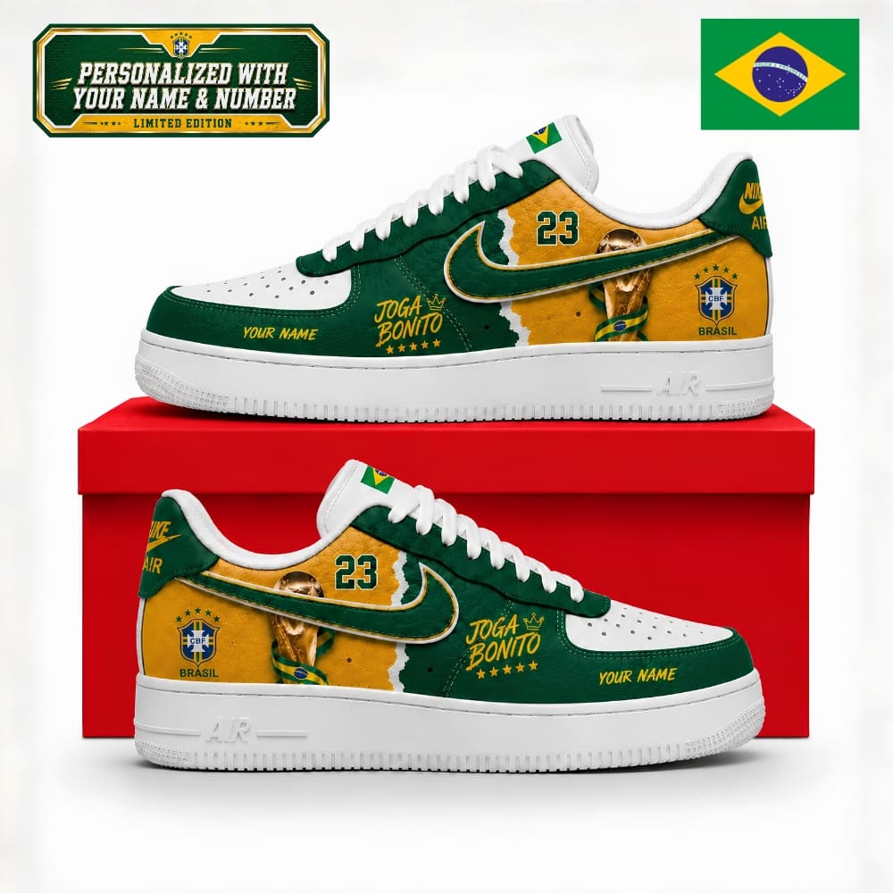 Personalized Brazil Joga Bonito Gold Green Soccer Sneakers – Custom Name & Number | World Cup 2026