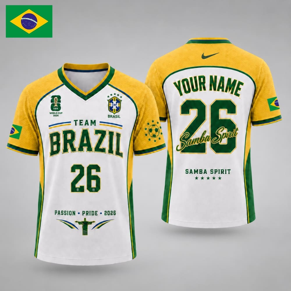 Personalized Brazil Samba Spirit V-Neck Soccer Unisex Shirt – Custom Name & Number | WC 2026