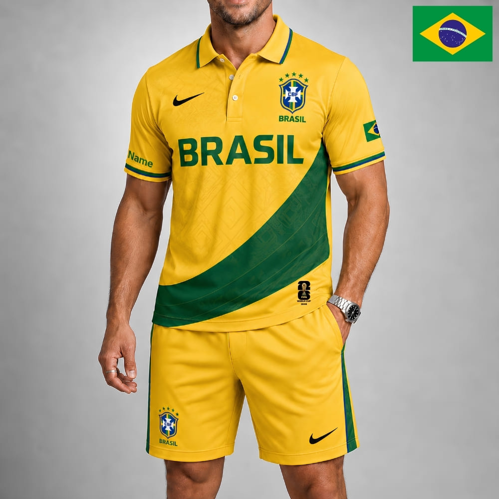 Personalized Brazil Soccer Polo Shirt & Shorts Set – Custom Name & Number | WC 2026