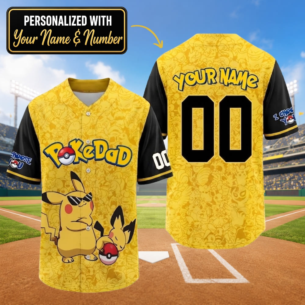 Baseball Jersey – Personalized Pokémon / Pikachu - PokeDad - Custom Name & Number | Father's Day Gift