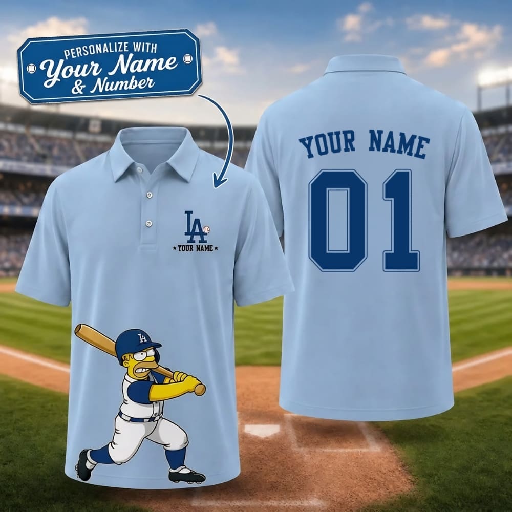 Personalized LA Dodgers Homer Simpson Baseball Polo – Custom Name & Number | Father's Day Gift