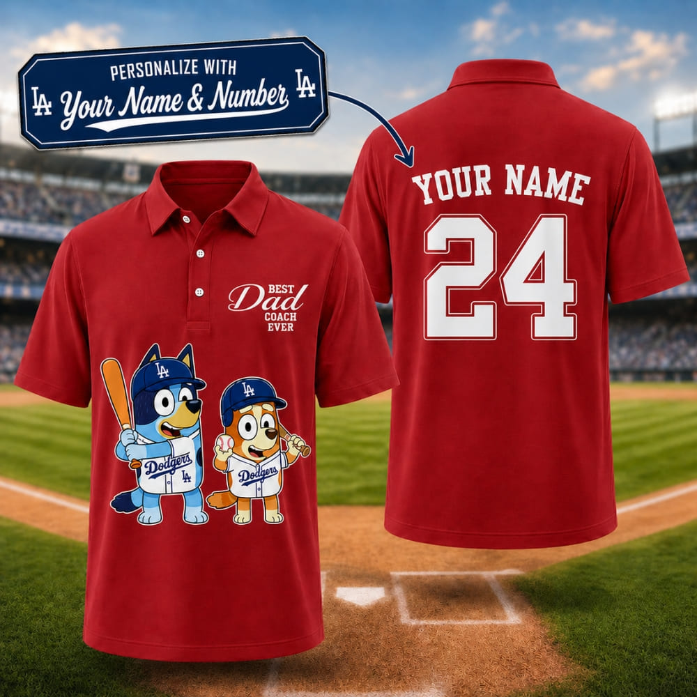 Personalized Dodgers Bluey Dad Coach Polo – Custom Name & Number