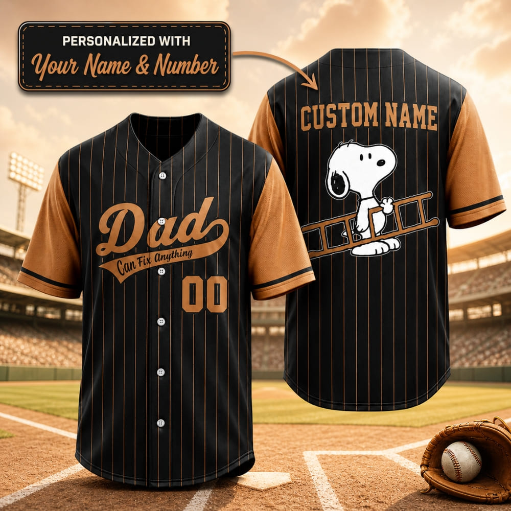 Baseball Jersey – Personalized Snoopy Dad Can Fix Anything- Custom Name & Number | Father's Day Gift