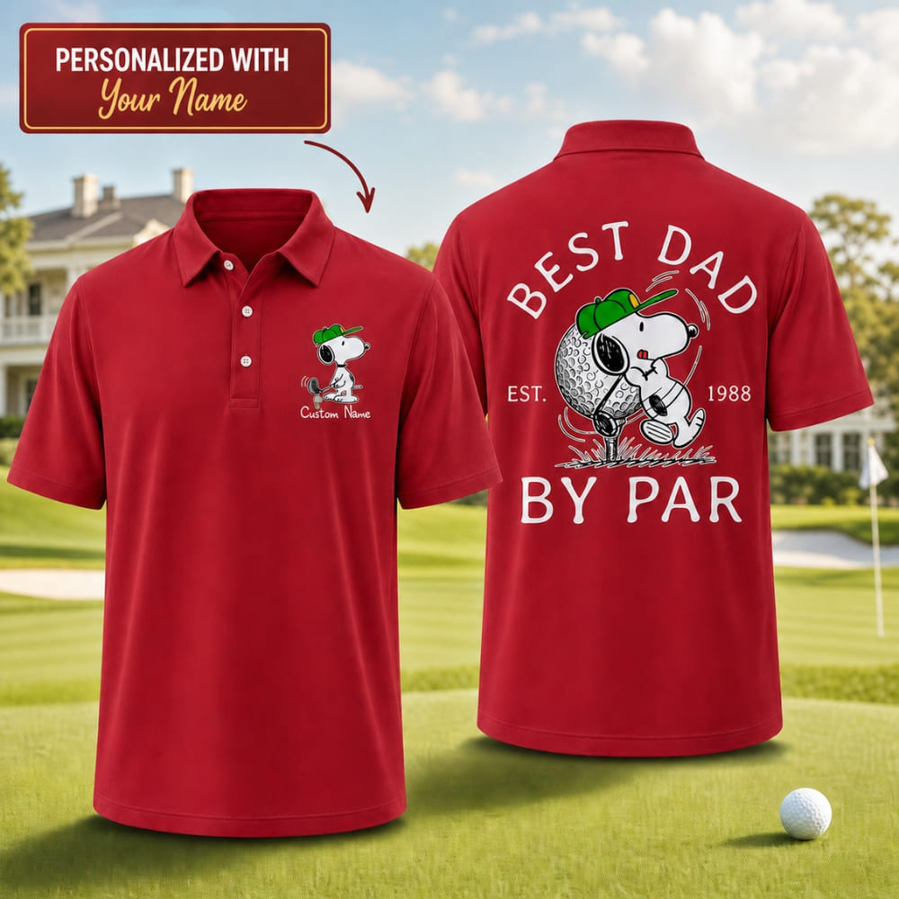 Personalized Snoopy Best Dad By Par Golf Polo – Custom Name | Father's Day Gift