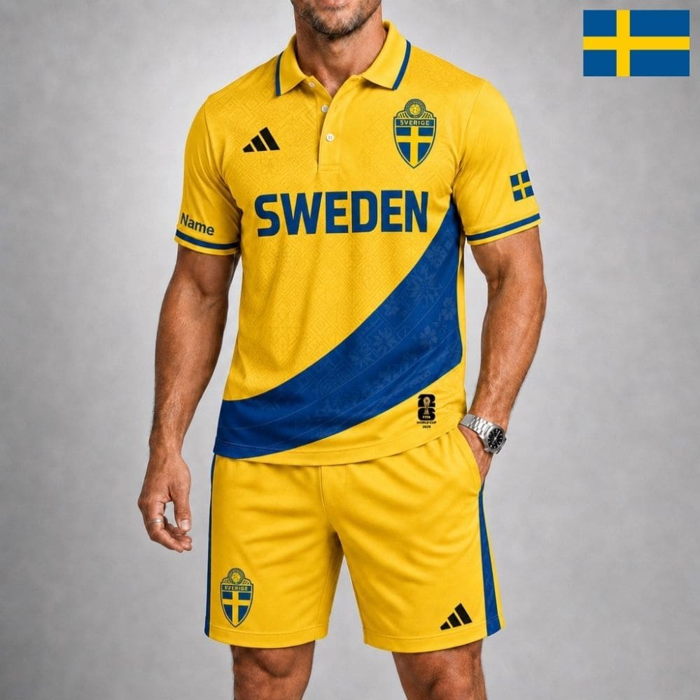 Personalized Sweden Soccer Polo Shirt & Shorts Set – Custom Name & Number | WC 2026