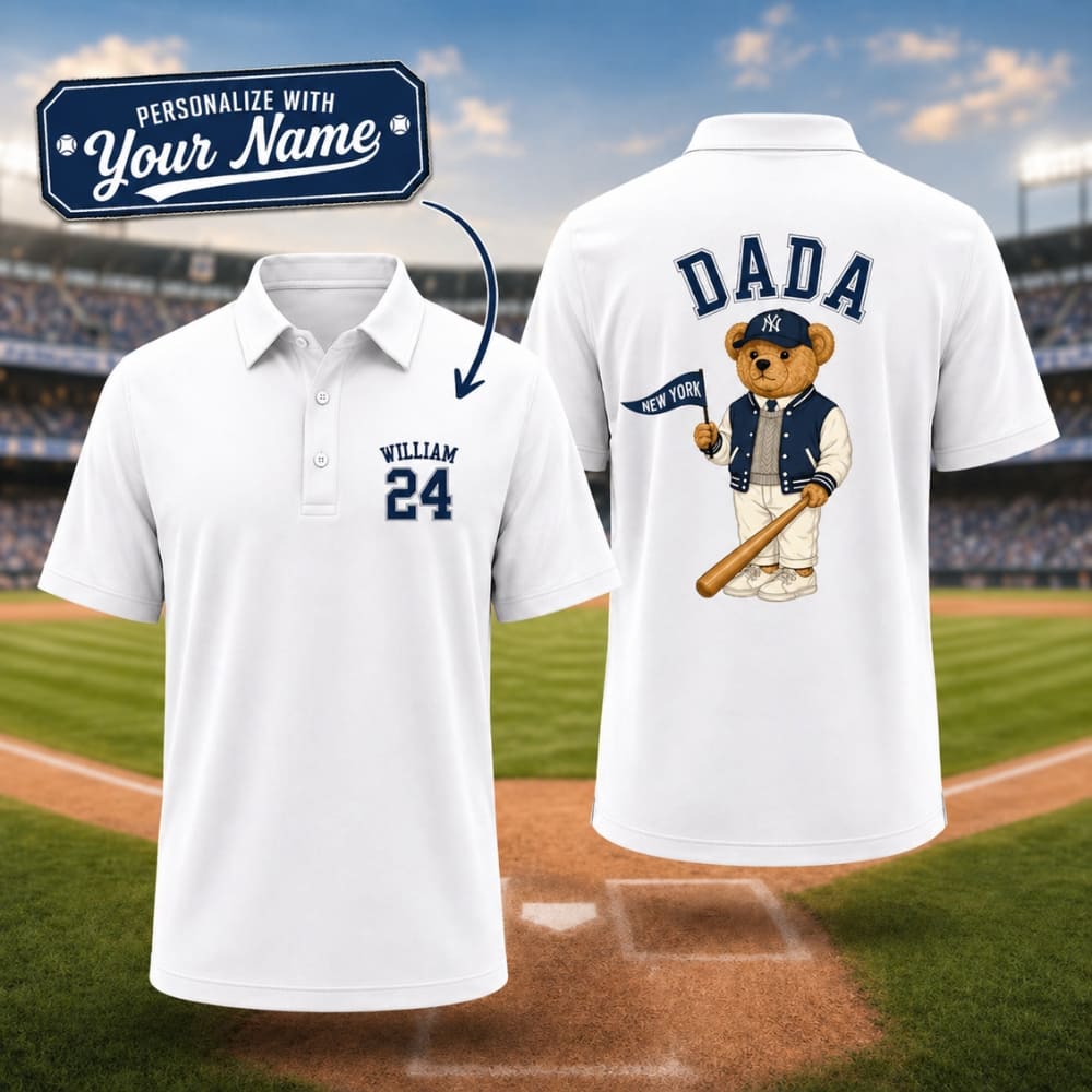 Personalized Yankees Dad Bear Baseball Polo – Custom Name & Number