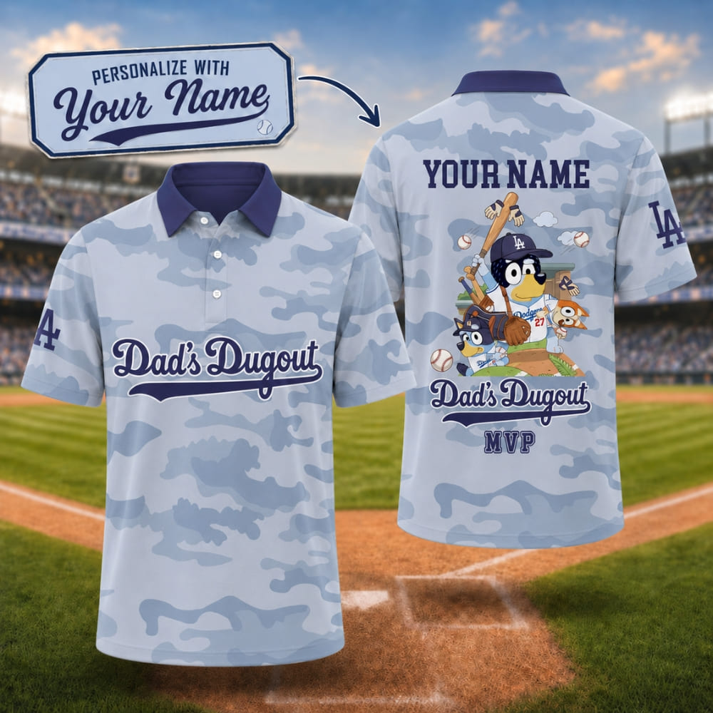 Personalized LA Dodgers Bluey Dad’s Dugout Shirt – Custom Name | Father's Day Gift