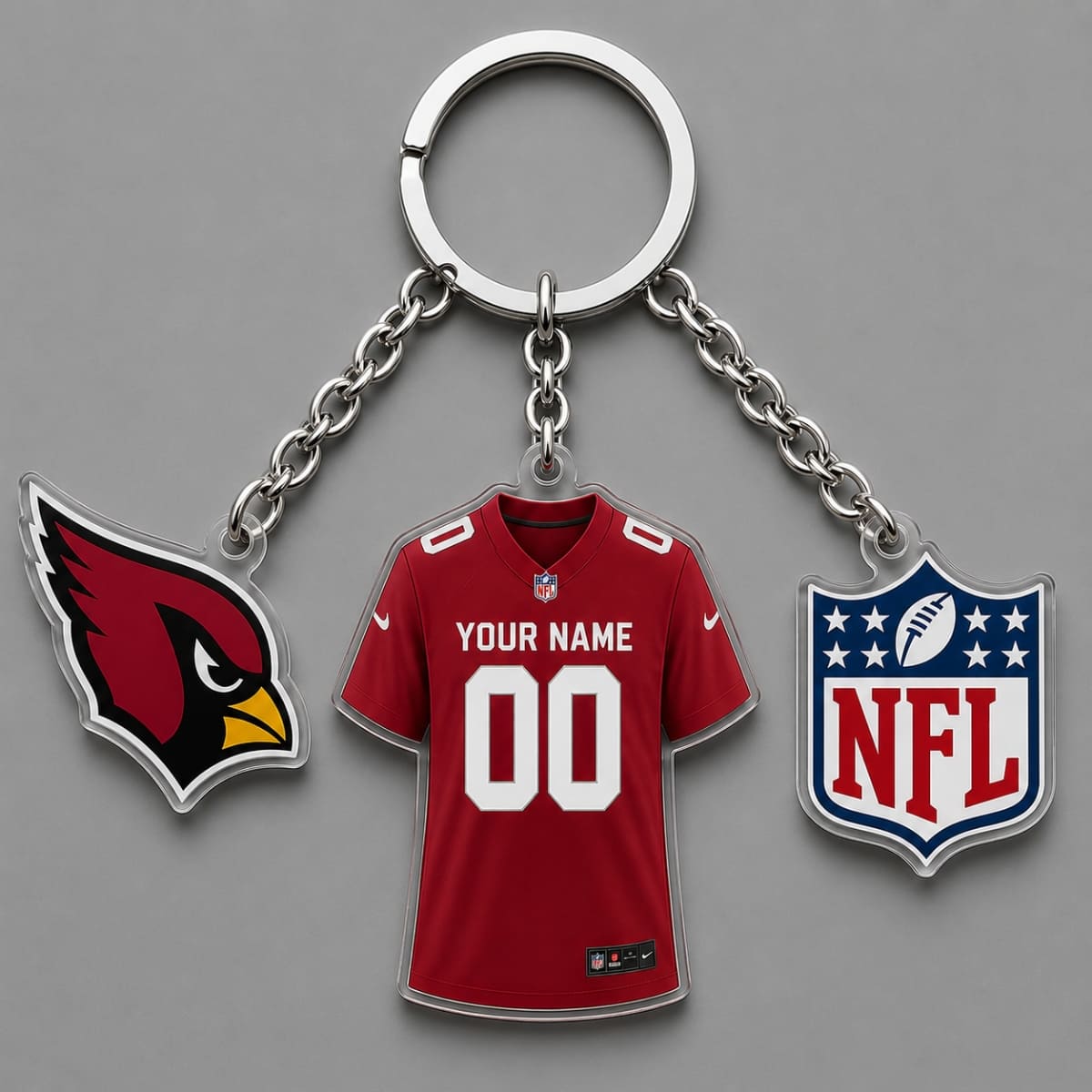 Personalized Arizona Cardinals Triple Charm Jersey Keychain - Custom Name & Number | NFL Fan Gift