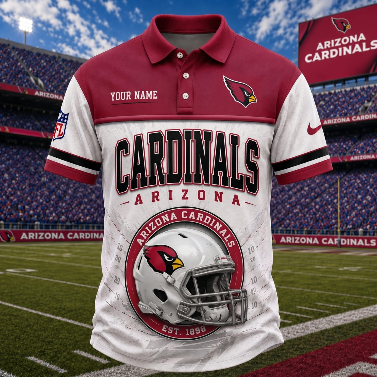 Personalized Arizona Cardinals Stadium Helmet Polo Shirt – Custom Name | NFL Fan Outfit