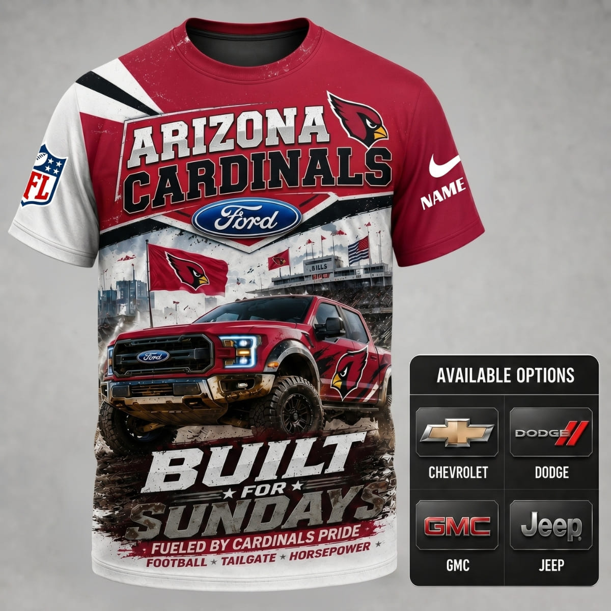 Personalized Arizona Cardinals Built for Sundays Unisex T-Shirt – Custom Name & Vehicle | NFL Fan Outfit