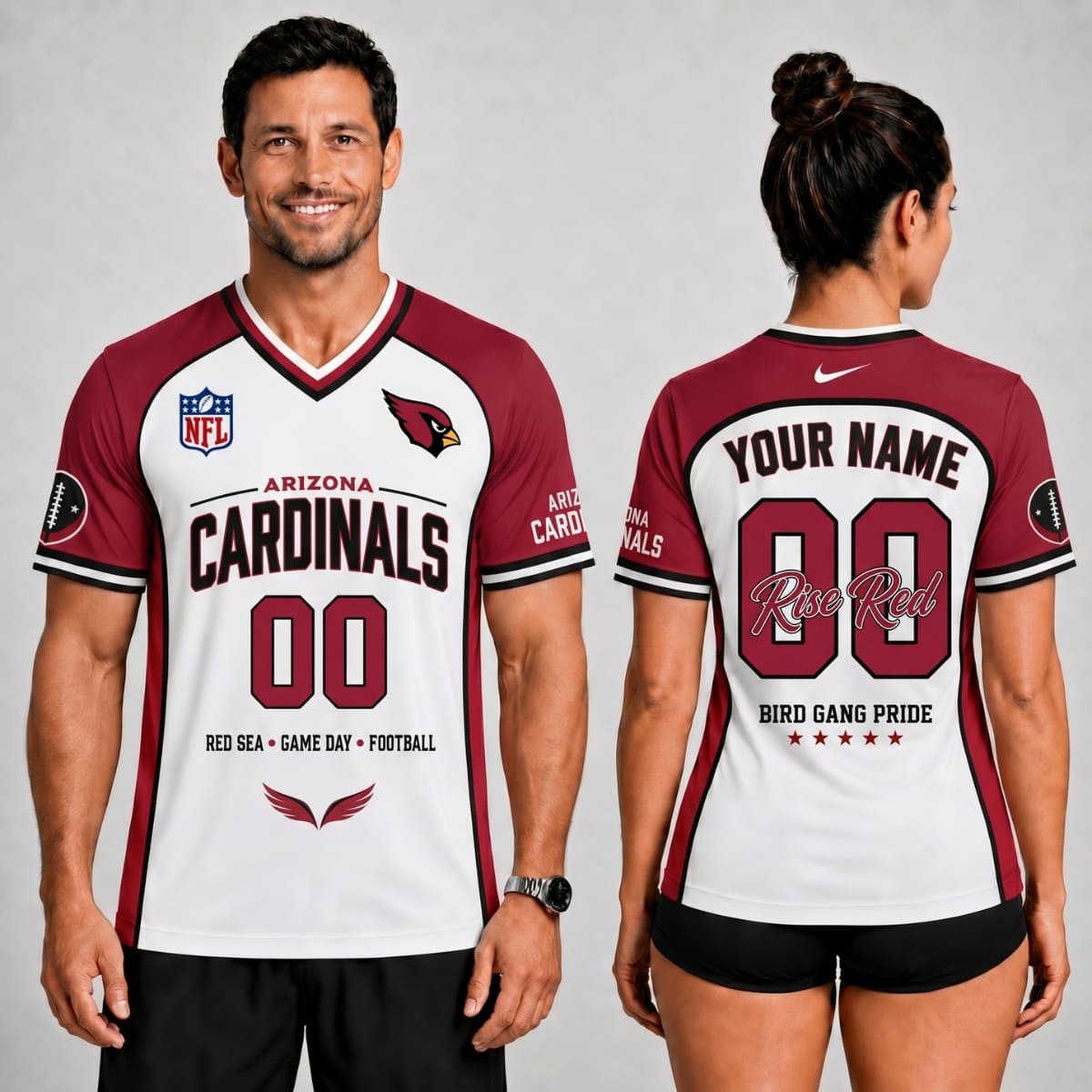 Personalized Arizona Cardinals Rise Red V-Neck Unisex Shirt – Custom Name & Number | NFL Fan Outfit