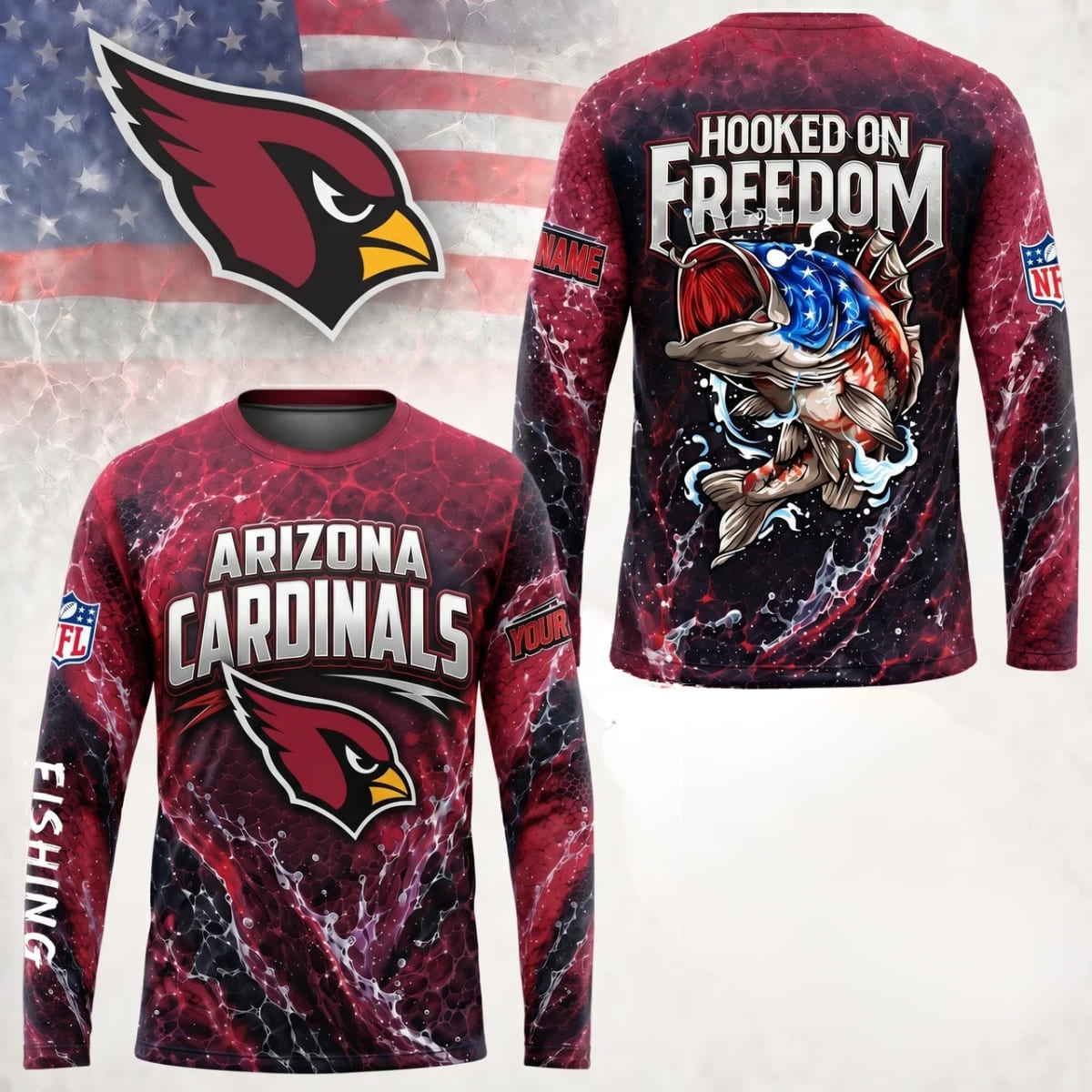 Personalized Arizona Cardinals Hooked on Freedom Long Sleeve Shirt – Custom Name | NFL x Fishing
