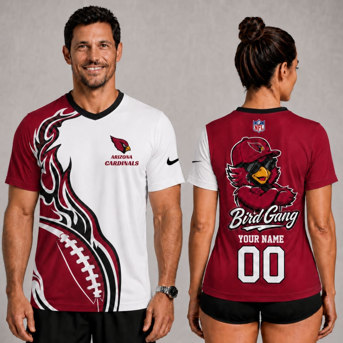 Arizona Cardinals Bird Gang Flame V-Neck Unisex Shirt – Personalized Name & Number | NFL Fan Outfit