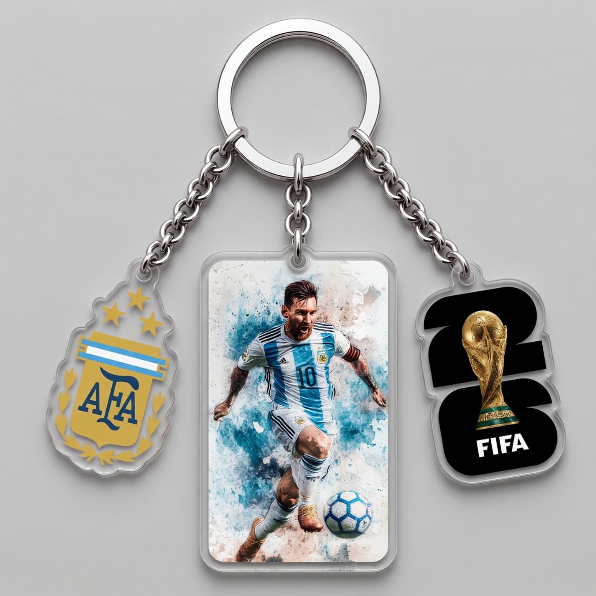 Lionel Messi No.10 Argentina Watercolor Action Triple Charm Keychain | World Cup 2026