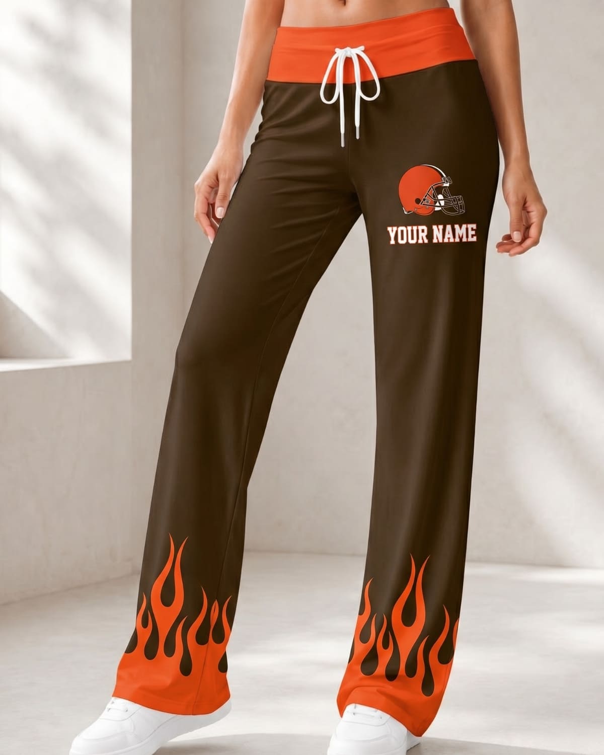 Personalized Cleveland Browns Flame Hem Comfy Women’s Pants – Custom Name | NFL Fan Outfit