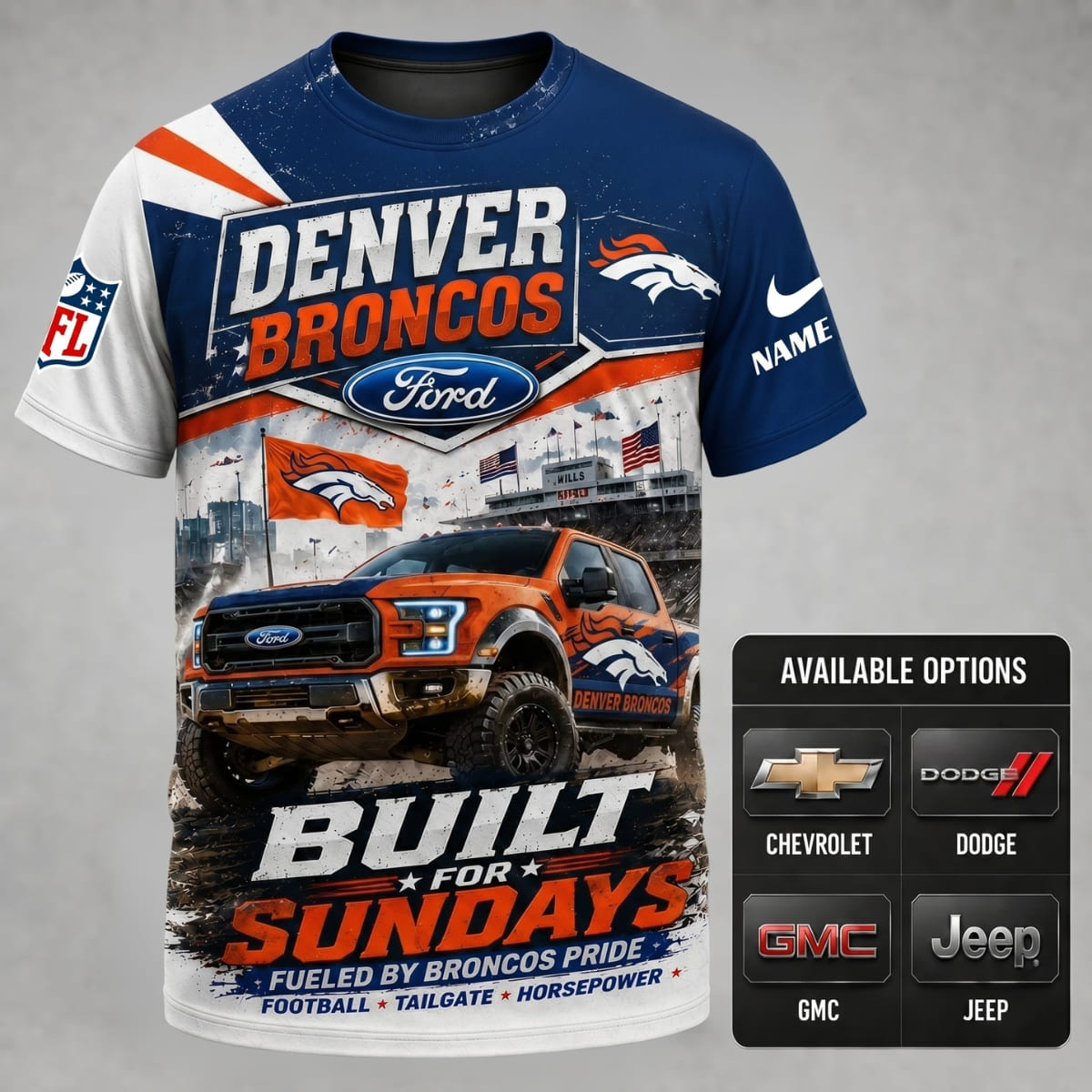 Personalized Denver Broncos Built for Sundays Unisex T-Shirt – Custom Name & Vehicle | NFL Fan Outfit
