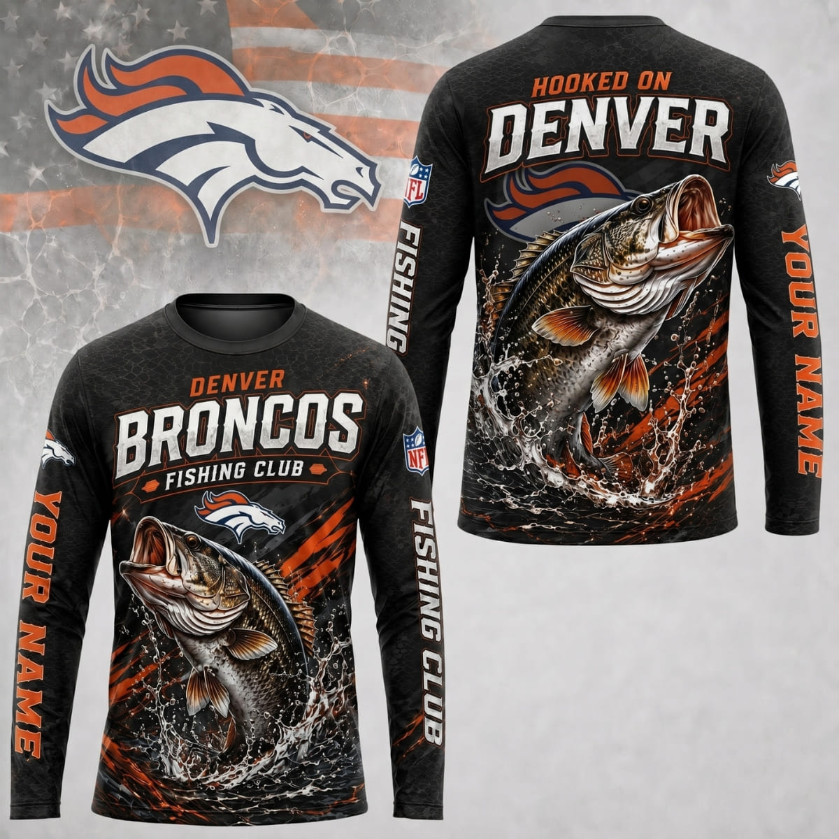 Personalized Denver Broncos Fishing Club Long Sleeve Shirt – Custom Name | NFL x Fishing