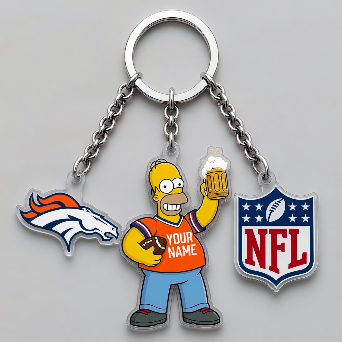 Personalized Denver Broncos x The Simpsons Triple Charm Keychain - Custom Name | NFL Fan Gift