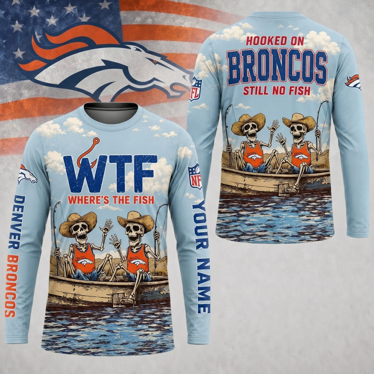 Personalized Denver Broncos Where’s The Fish Long Sleeve Shirt – Custom Name | NFL x Fishing