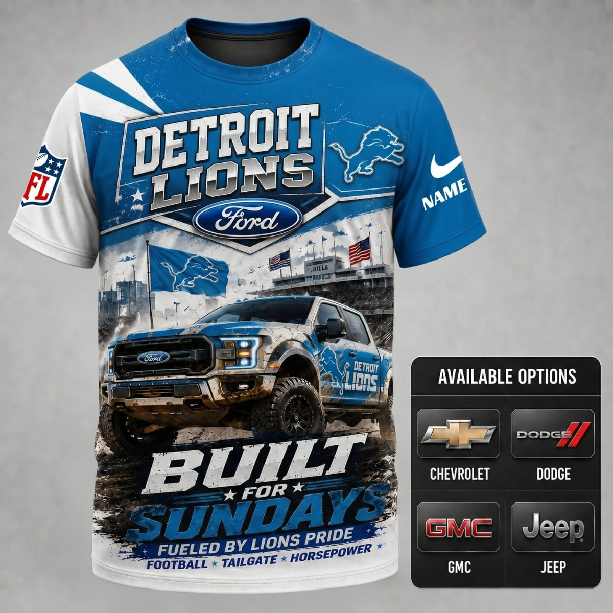 Personalized Detroit Lions Built for Sundays Unisex T-Shirt – Custom Name & Vehicle | NFL Fan Outfit