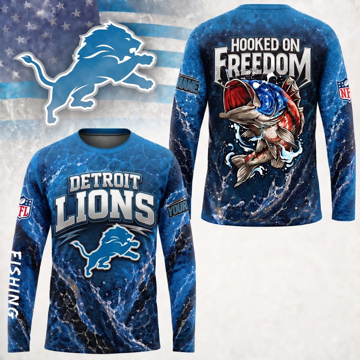 Personalized Detroit Lions Hooked on Freedom Long Sleeve Shirt – Custom Name | NFL x Fishing