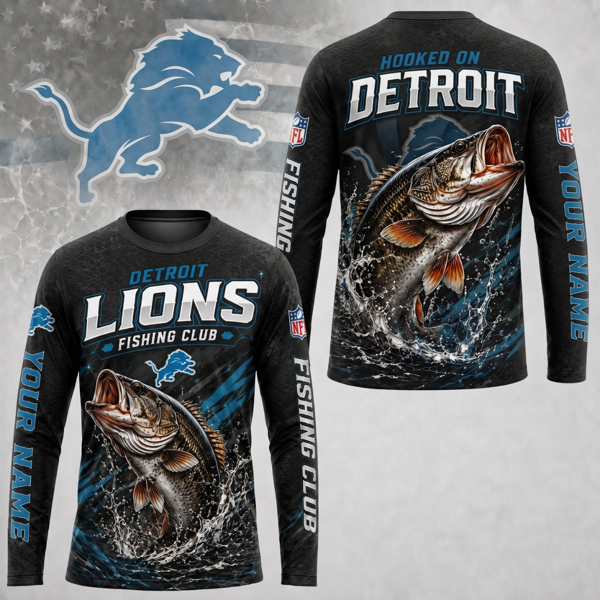 Personalized Detroit Lions Fishing Club Long Sleeve Shirt – Custom Name | NFL x Fishing