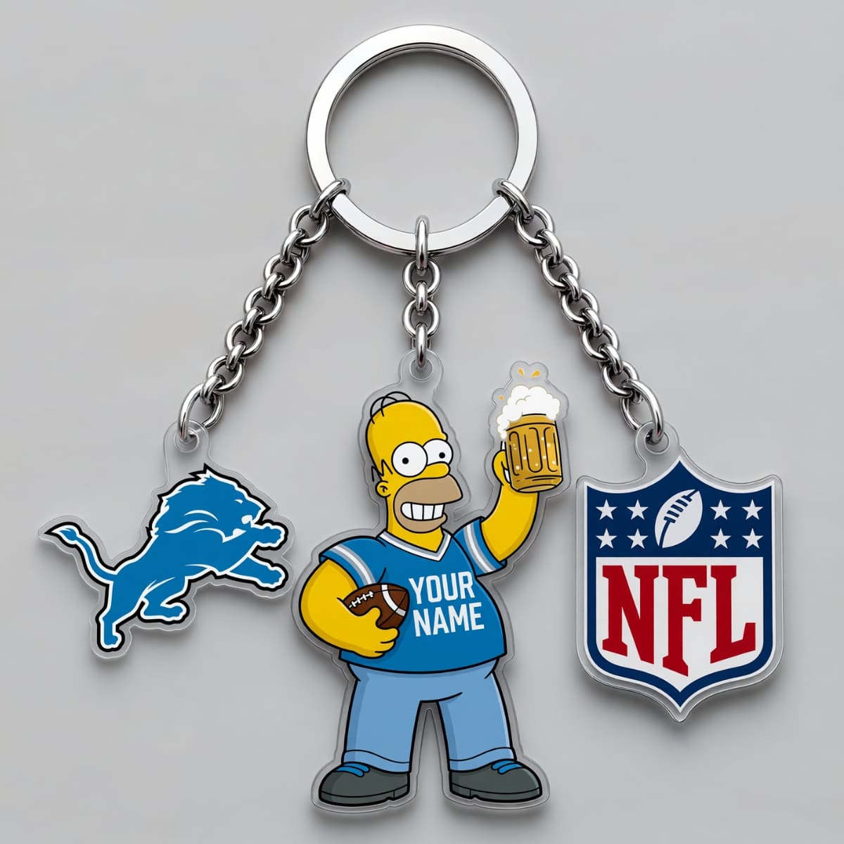 Personalized Detroit Lions x The Simpsons Triple Charm Keychain - Custom Name | NFL Fan Gift