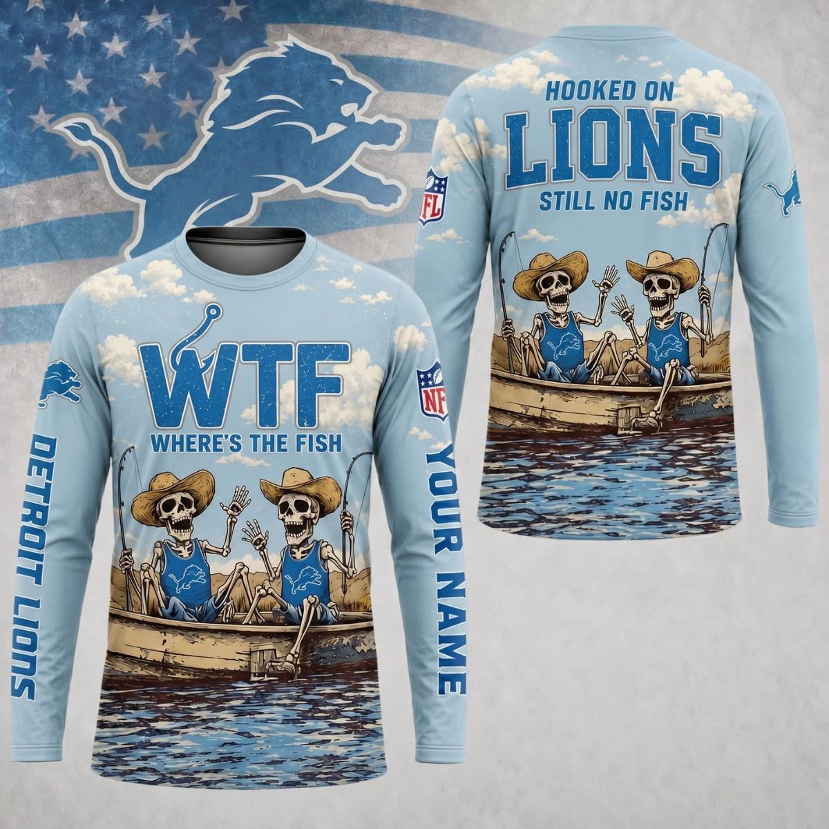 Personalized Detroit Lions Where’s The Fish Long Sleeve Shirt – Custom Name | NFL x Fishing