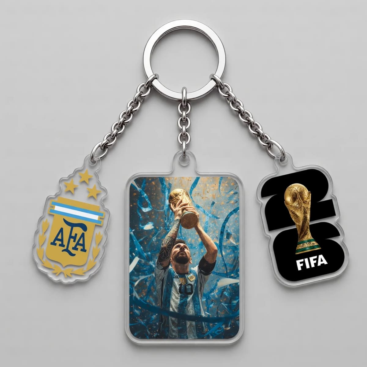 Lionel Messi Trophy Lift Celebration Triple Charm Keychain | World Cup 2026