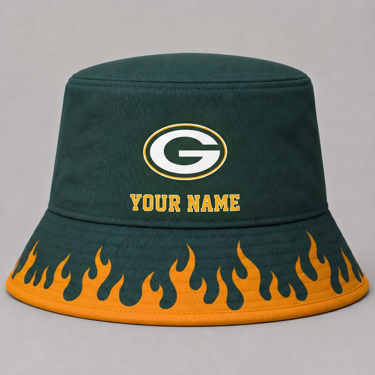 Personalized Green Bay Packers Flame Brim Bucket Hat – Custom Name | NFL Fan Outfit