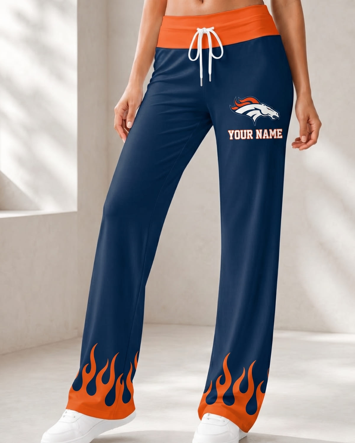 Personalized Denver Broncos Flame Hem Comfy Women’s Pants – Custom Name | NFL Fan Outfit