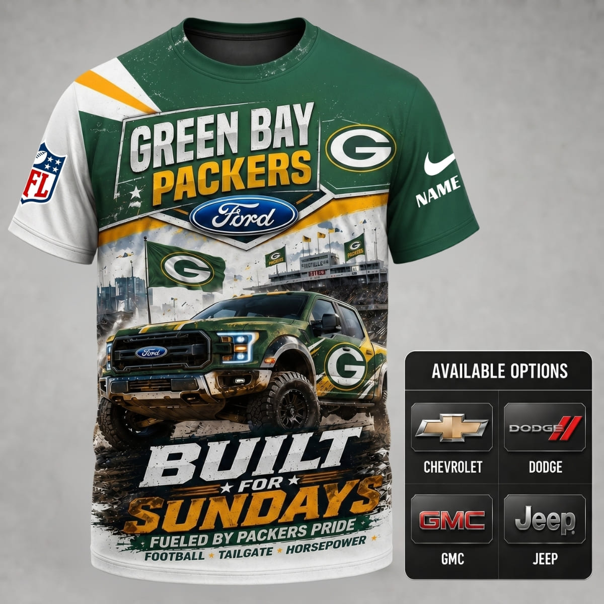 Personalized Green Bay Packers Built for Sundays Unisex T-Shirt – Custom Name & Vehicle | NFL Fan Outfit