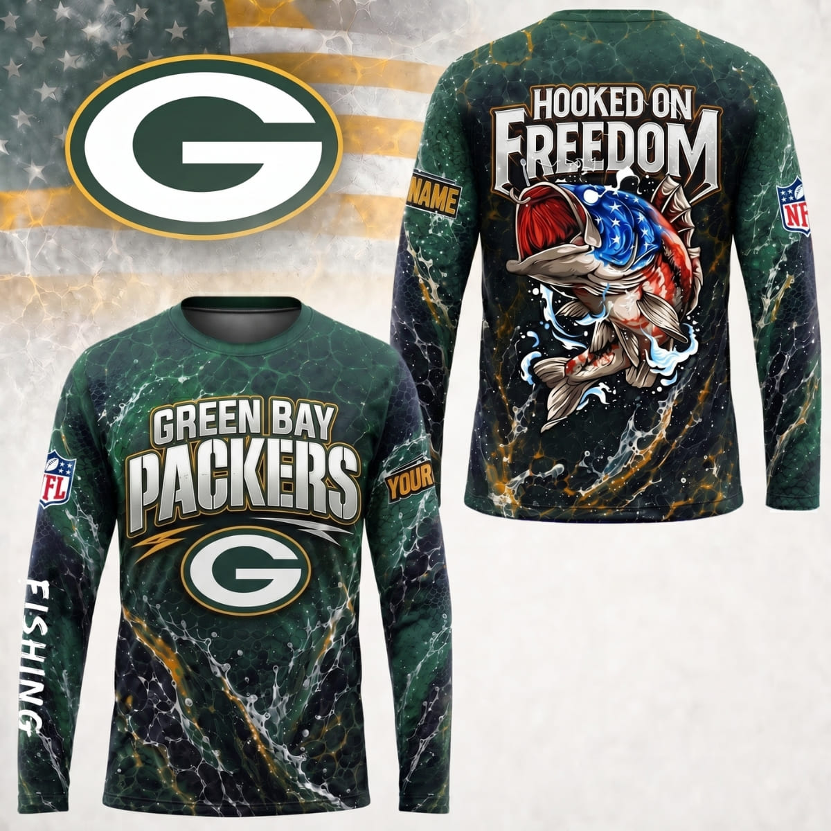 Personalized Green Bay Packers Hooked on Freedom Long Sleeve Shirt – Custom Name | NFL x Fishing