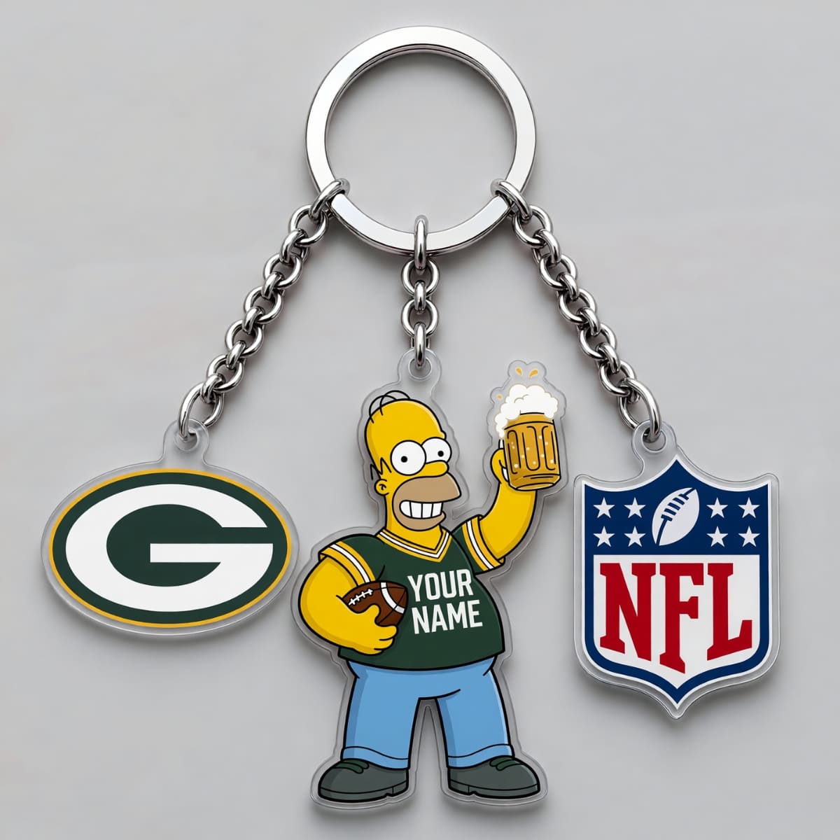 Personalized Green Bay Packers x The Simpsons Triple Charm Keychain - Custom Name | NFL Fan Gift