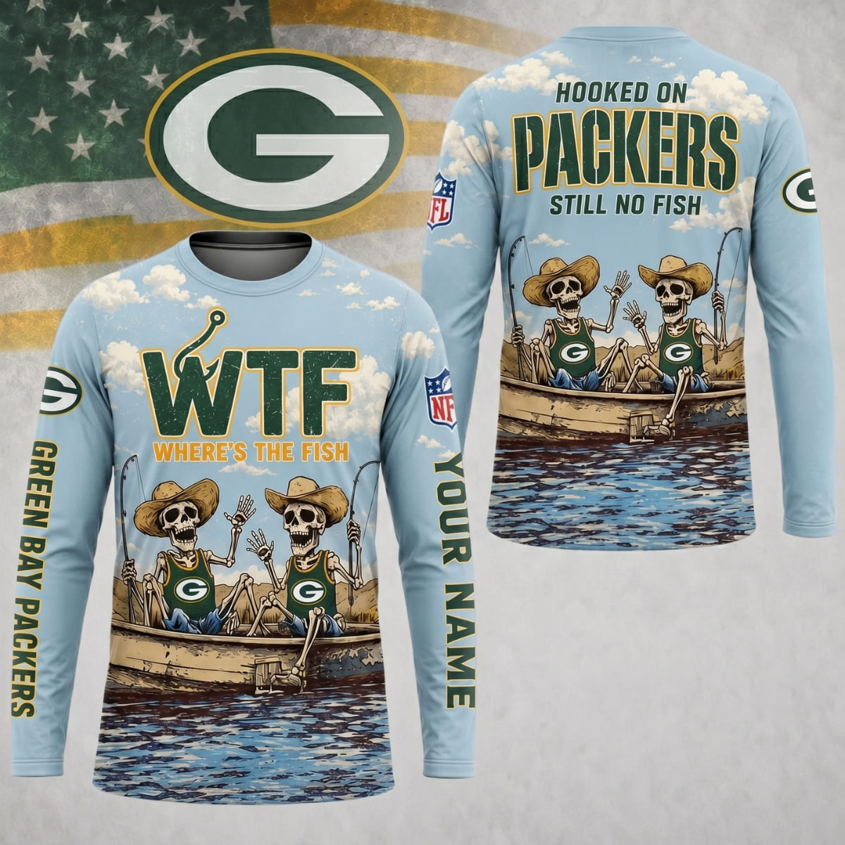 Personalized Green Bay Packers Where’s The Fish Long Sleeve Shirt – Custom Name | NFL x Fishing