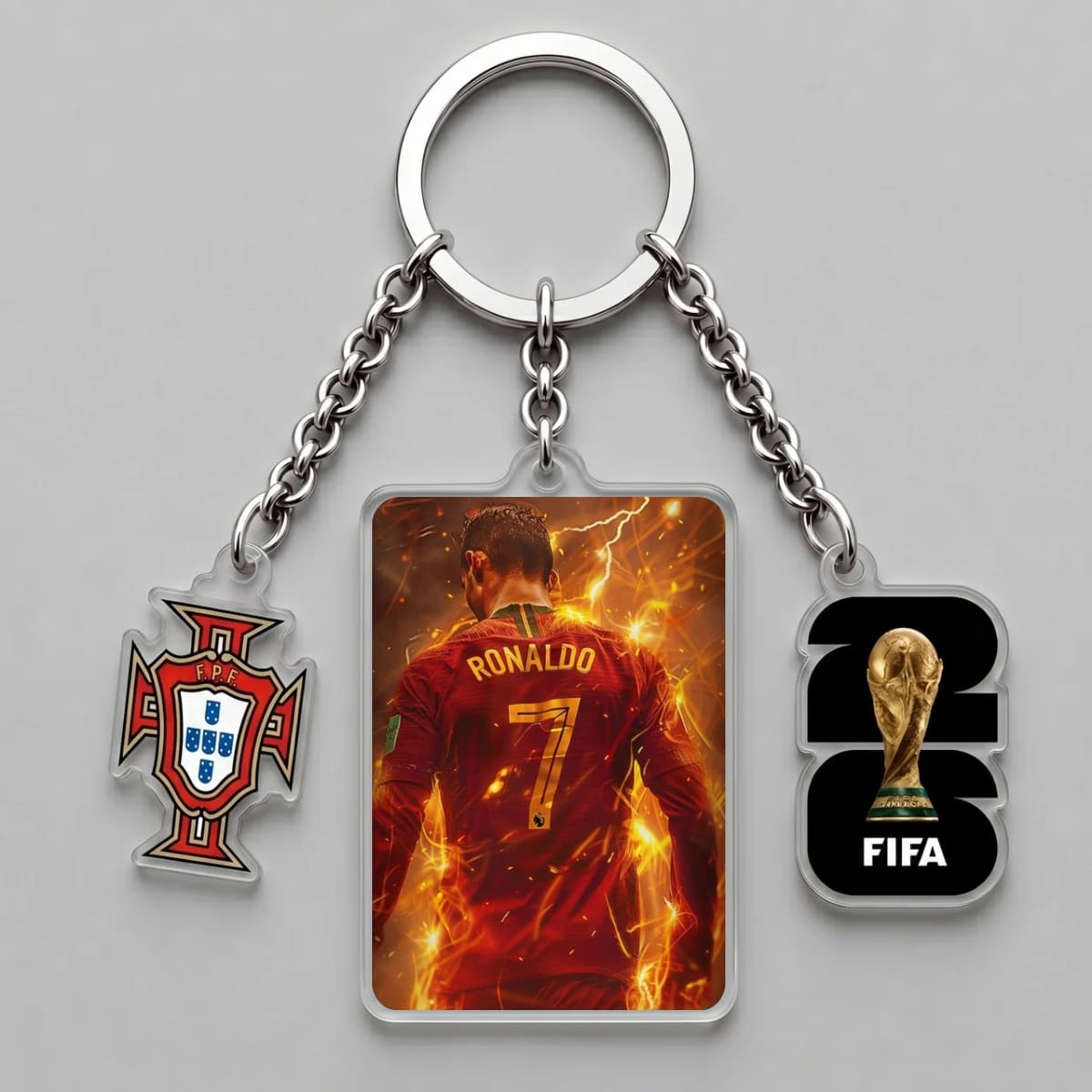 Cristiano Ronaldo Fiery Number 7 Back View Triple Charm Keychain | World Cup 2026