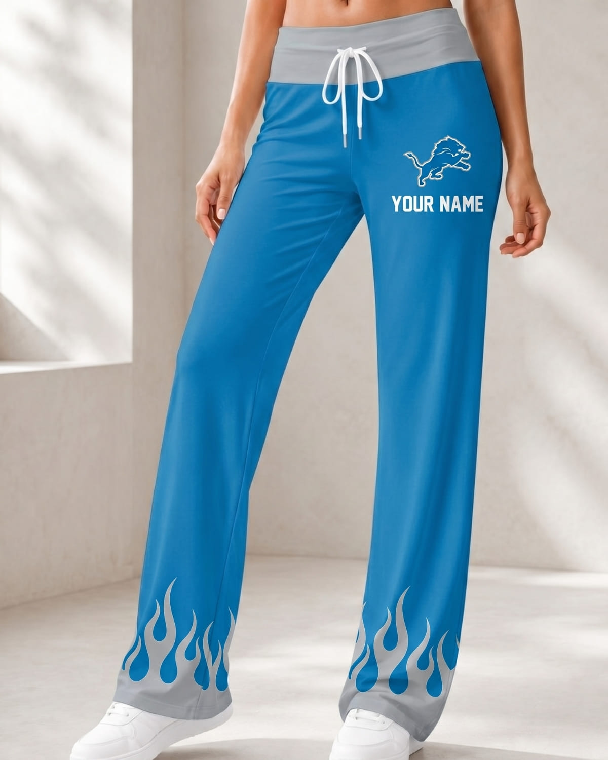 Personalized Detroit Lions Flame Hem Comfy Women’s Pants – Custom Name | NFL Fan Outfit