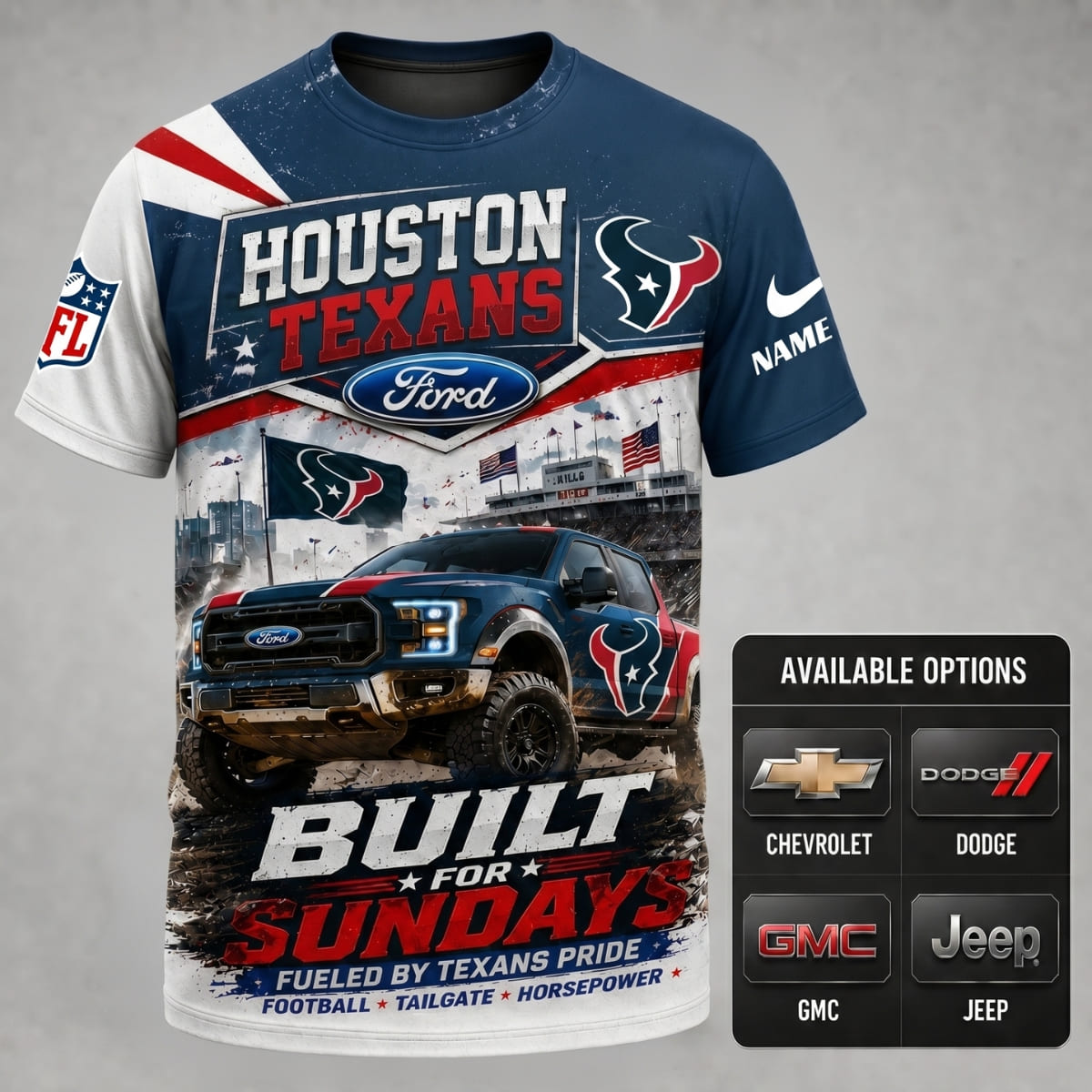 Personalized Houston Texans Built for Sundays Unisex T-Shirt – Custom Name & Vehicle | NFL Fan Outfit