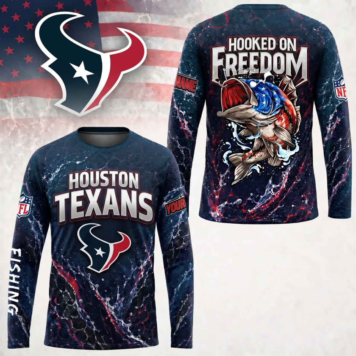 Personalized Houston Texans Hooked on Freedom Long Sleeve Shirt – Custom Name | NFL x Fishing